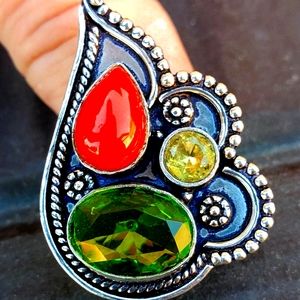 New Coral, Peridot, & Citrine 925 Silver Ring.